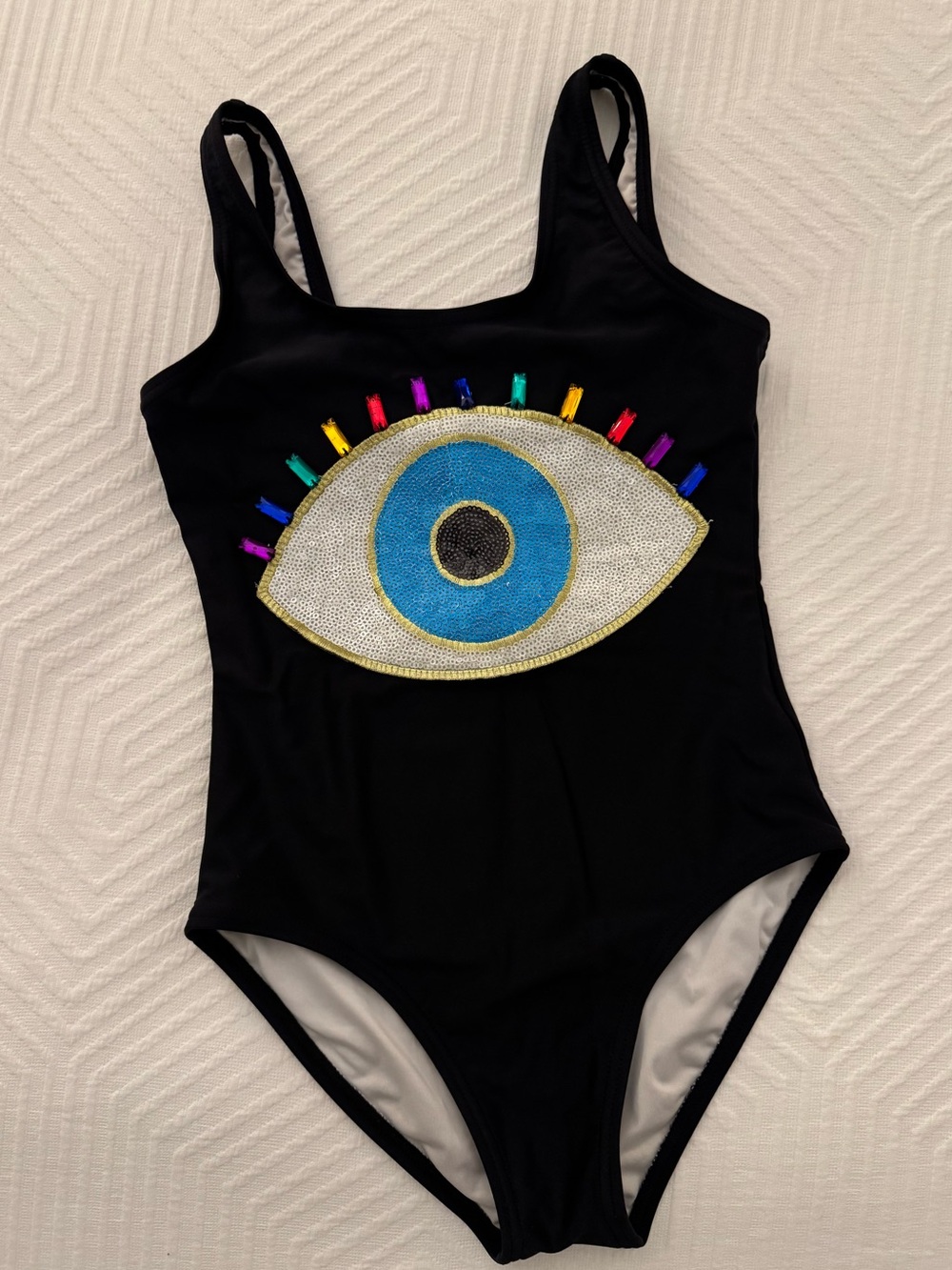 Lola and the Boys size 8 Black One-Piece Swimsuit with Embellished Evil Eye